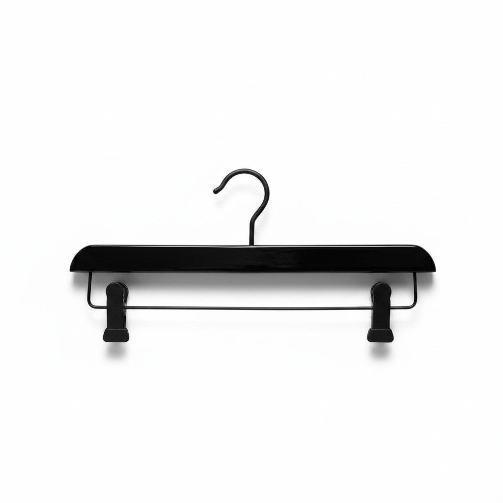SuperSellerS 35cm black lacquered wooden trouser hanger with durable plastic clips and a moisture-resistant hook.