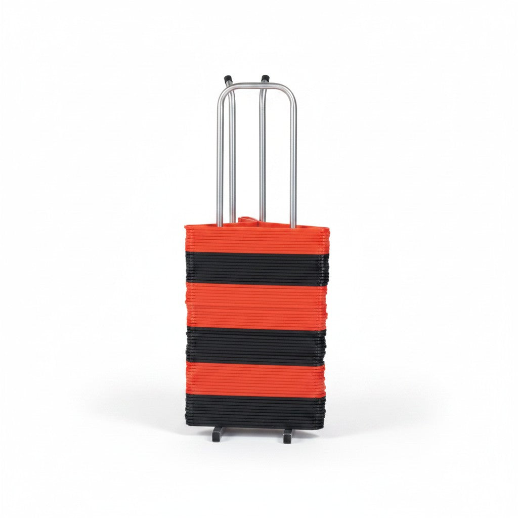 SuperSellerS heavy-duty chrome hanger stand with wheels, holding a stack of red and black plastic hangers.