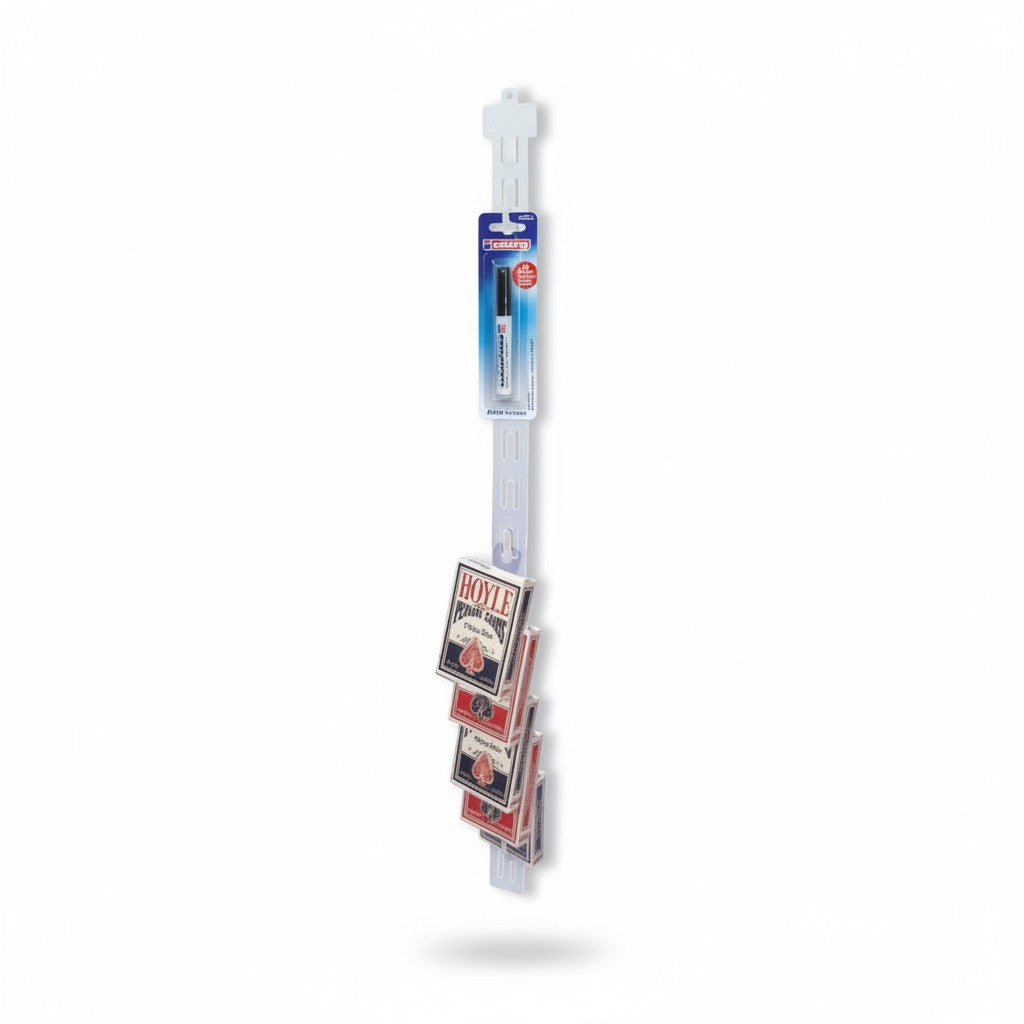 SuperSellerS clear plastic display strip with 12 hooks holding playing card decks and a marker for retail impulse sales