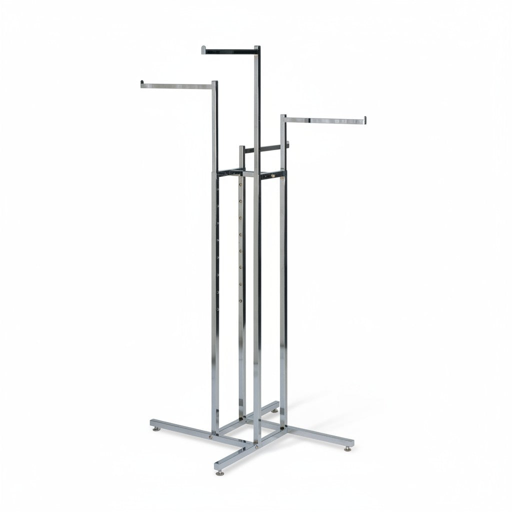 SuperSellerS Click Joy chrome clothing rack with four adjustable straight arms and end stops for retail display