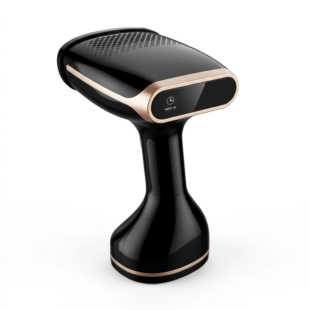 SuperSellerS HANDY Henry tøjsteamer i sort plast med guldfarvede detaljer, LED-display og ergonomisk design.