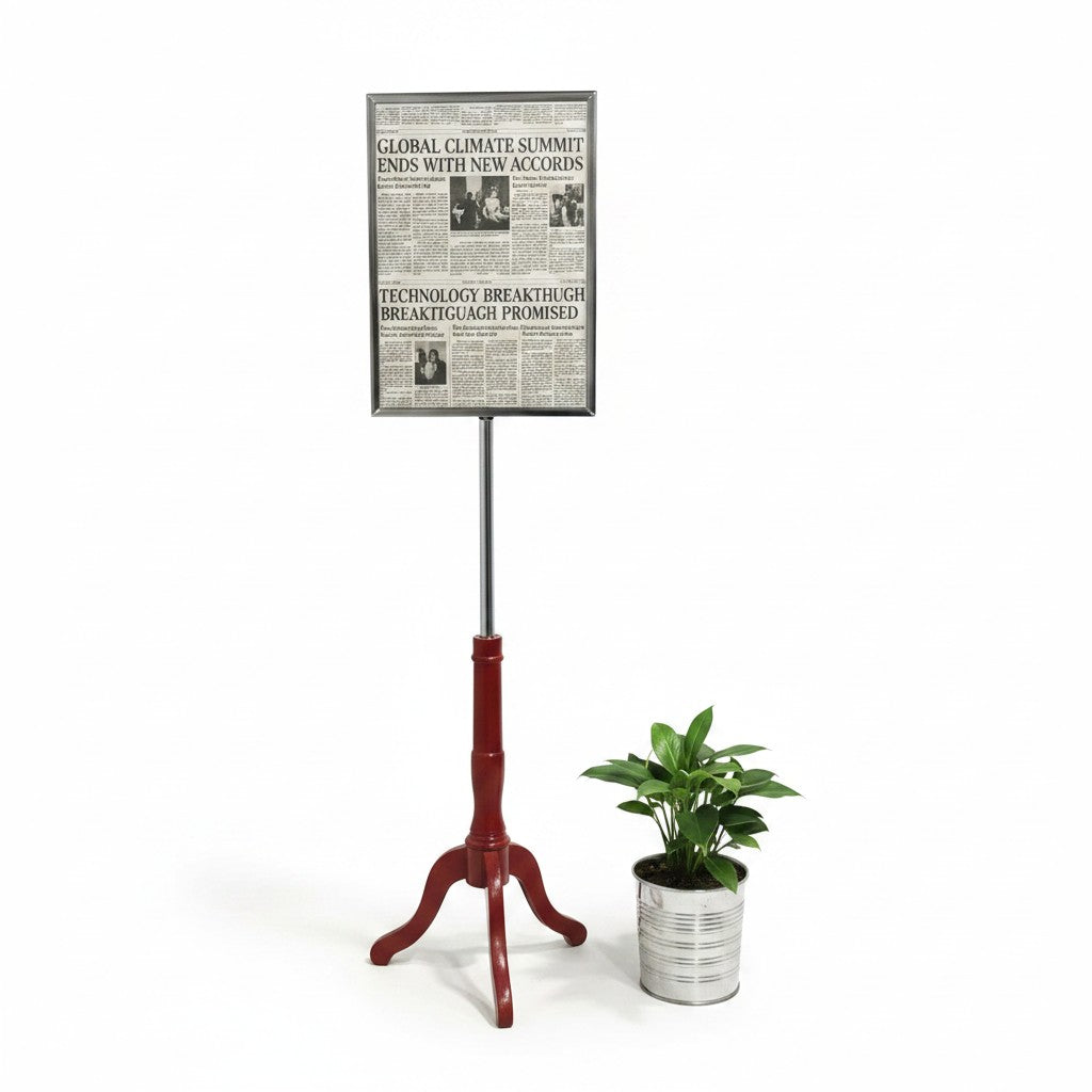SuperSellerS mahogany tripod sign stand with a chrome A4 frame for professional retail display.