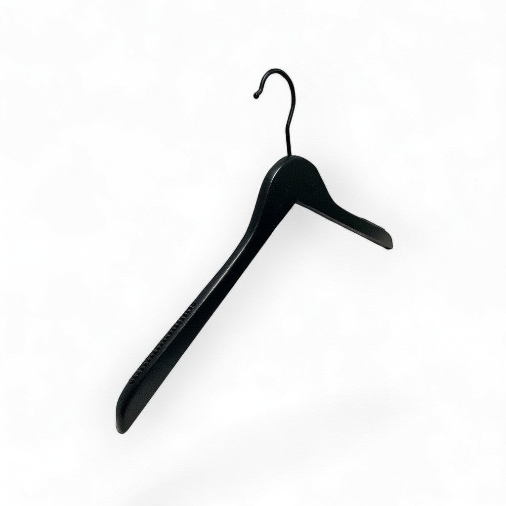 SuperSellerS flat matte black wooden clothes hanger with non-slip rubber shoulder grips and a matching black hook.