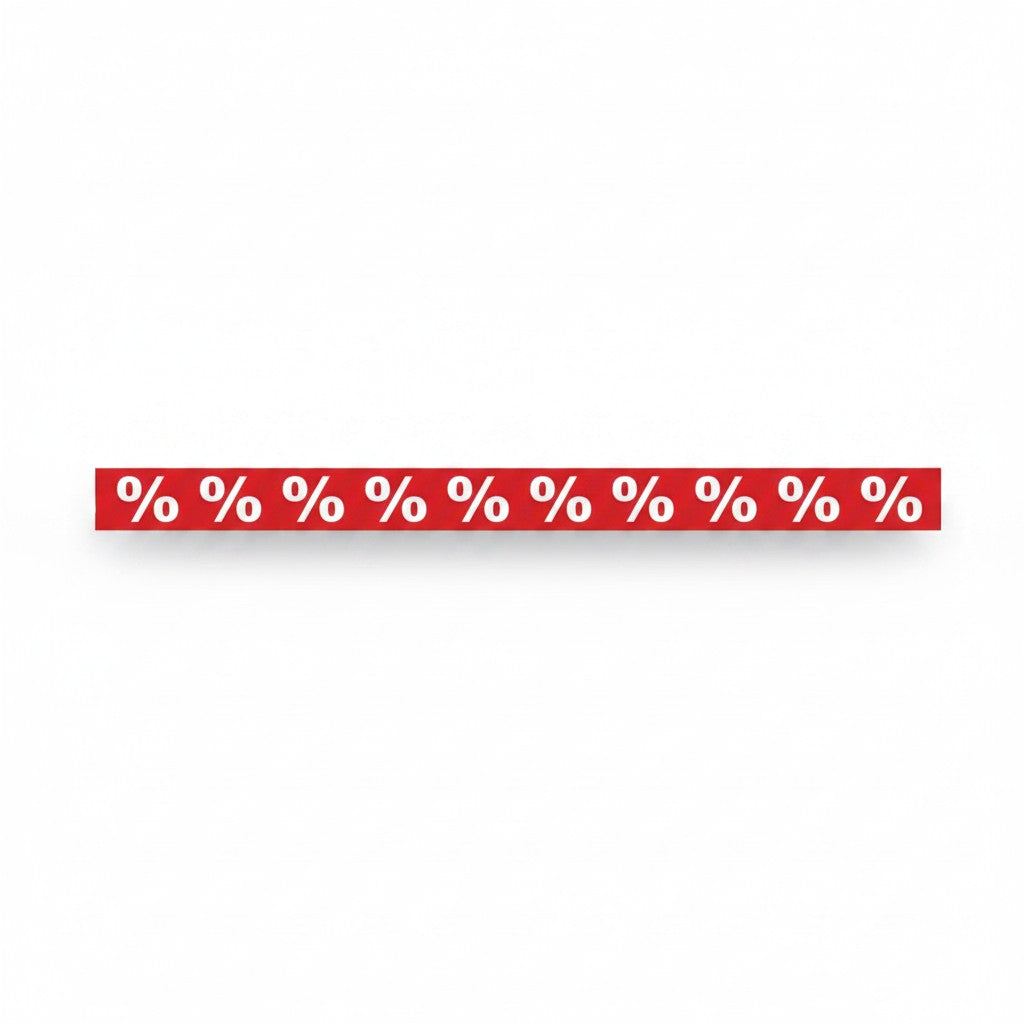 SuperSellerS red self-adhesive window streamer with white percent signs for retail sales displays, 120 cm wide.