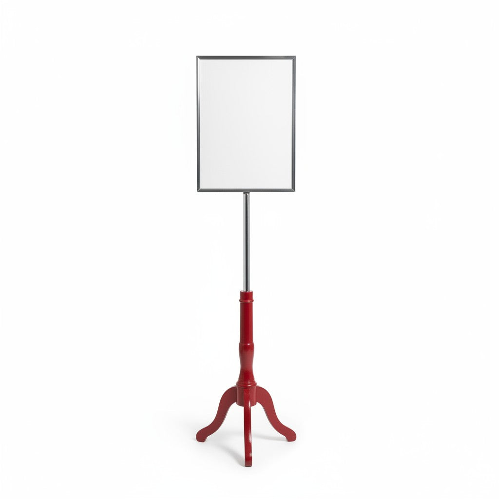 SuperSellerS A3 floor sign holder with a red wooden tripod base and a sleek chrome frame for retail displays.