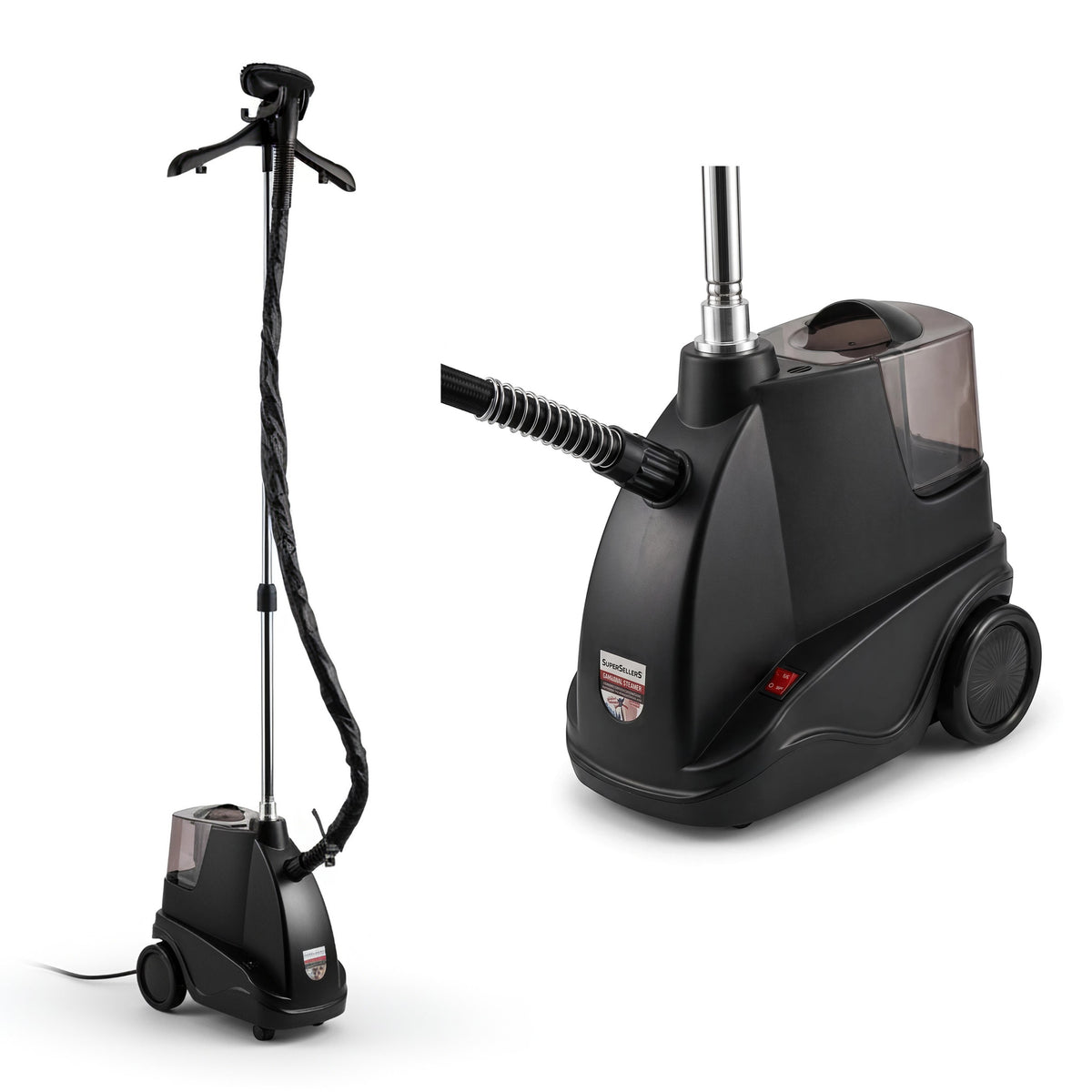 SuperSellerS standard tøjsteamer i sort design med 2000 W effekt, bøjle og hjul til nem flytning