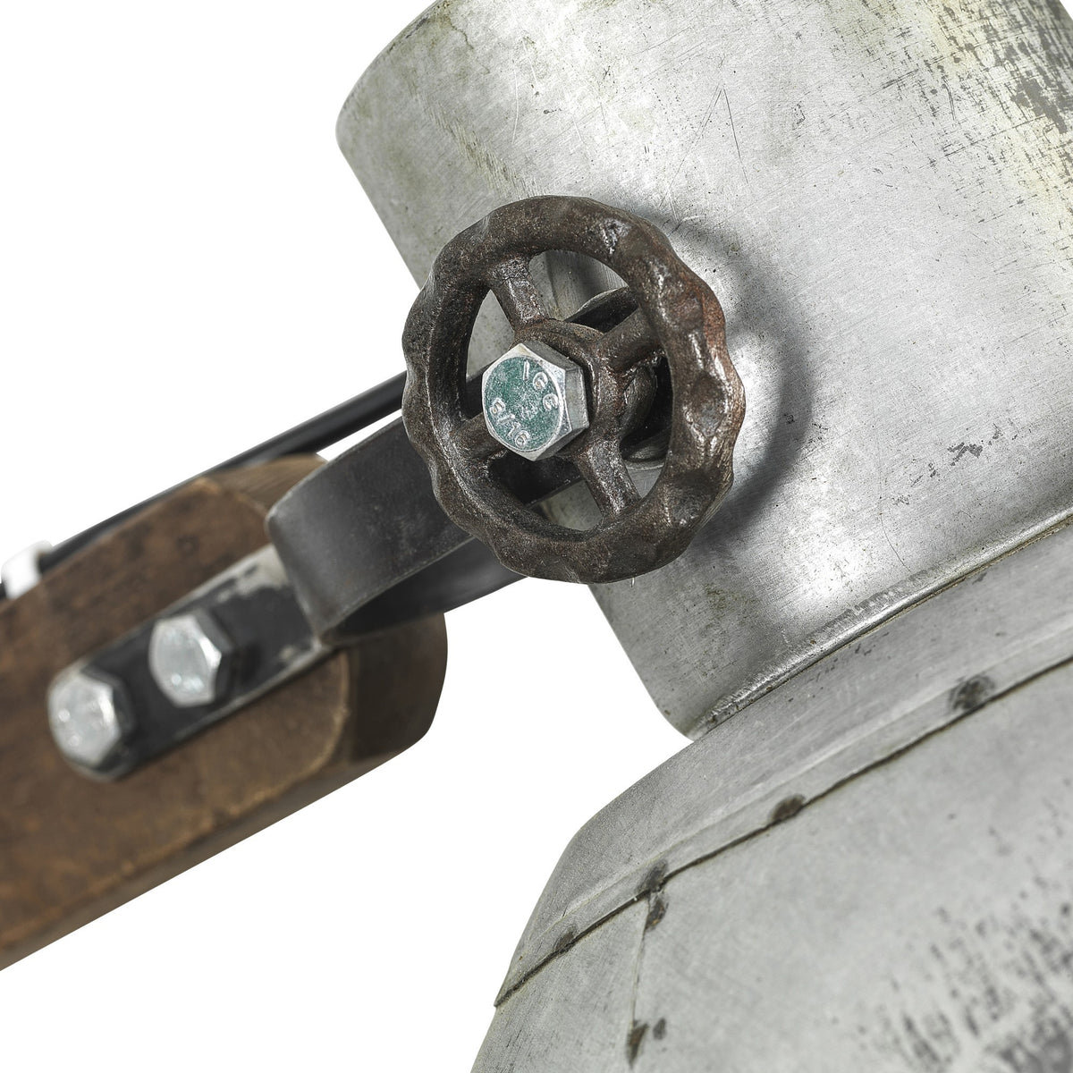 Close-up of a SuperSellerS vintage floor lamp featuring a weathered metal shade, wooden arm, and rusted adjustment wheel