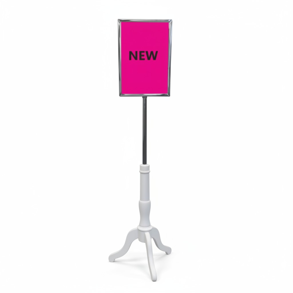 SuperSellerS white French style sign stand with a chrome A4 frame for retail display and showroom information