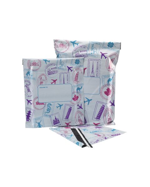 Forsendelsespose med tapeluk, pk. med 50 stk., 45 micron, 40 x 54 cm, hvid m/motiv