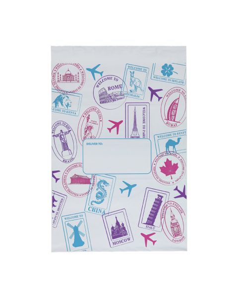 Forsendelsespose med tapeluk, pk. med 50 stk., 45 micron, 40 x 54 cm, hvid m/motiv