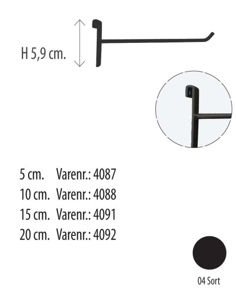 Vörukrókur Ø 5 mm fyrir netgrind. Svartur (H 5,9 cm). Veldu lengd króka.