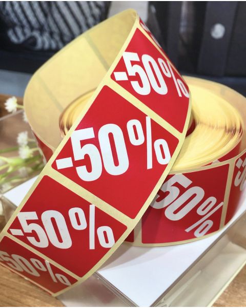 Rauðir merkimiðar með prósentumerkingunni -50% - 500 stk.