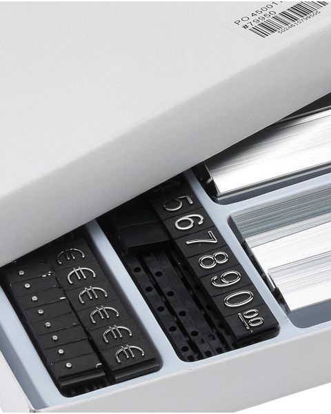 Verðmerkingasett, 180 stk., svart með silfurlituðum texta. (0-9, komma, evrumerki) B 8 x H 12 mm, 16 standar