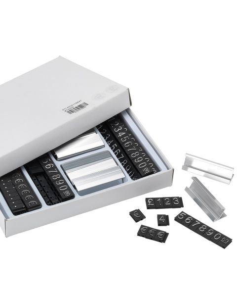 Verðmerkingasett, 180 stk., svart með silfurlituðum texta. (0-9, komma, evrumerki) B 8 x H 12 mm, 16 standar