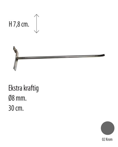 Vörukrókur, fyrir raufapanil, króm, 30 cm. Sérstaklega styrktir Ø 8 mm