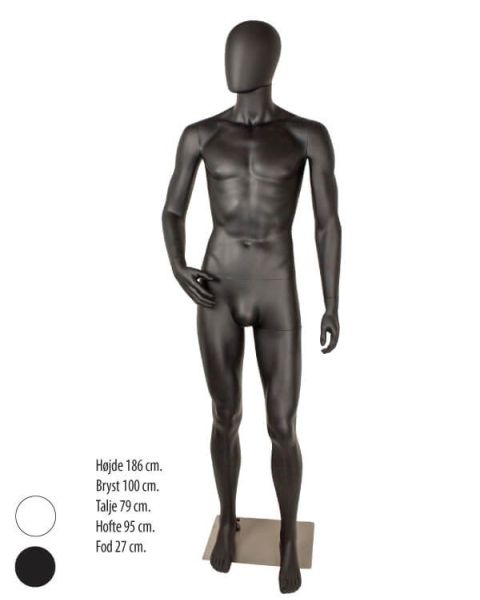 Herragína með boginn handlegg, höfuð án andlitsdrátta, hæð 186 cm og fótplötu úr burstuðum satínmálmi. Veldu lit