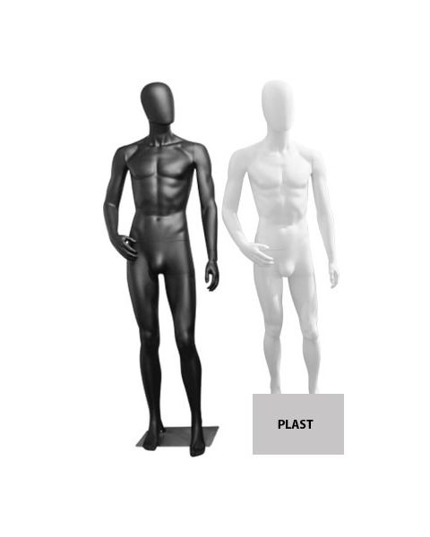 Herragína með boginn handlegg, höfuð án andlitsdrátta, hæð 186 cm og fótplötu úr burstuðum satínmálmi. Veldu lit