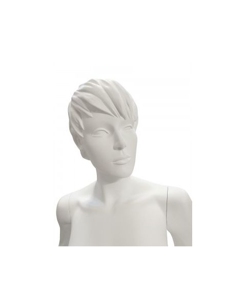 Dömugína, raunveruleg. Hvít, með höfuð, andlitsdrætti og mótað hár. Kringlótt fótplata. Hönd á mjöðm