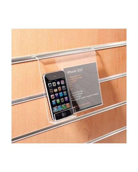 Farsímahaldari með upplýsingaspjaldi. 10,7 x H11,7 sm. Akrýlll f/ raufapanil