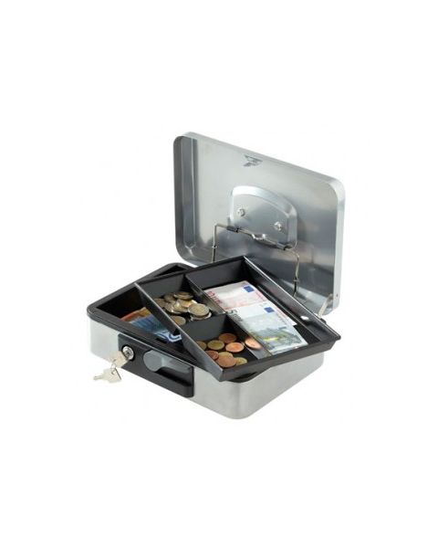 Peningakassi með lykli. 25 x 18 x H9. Grár. 3 hólf