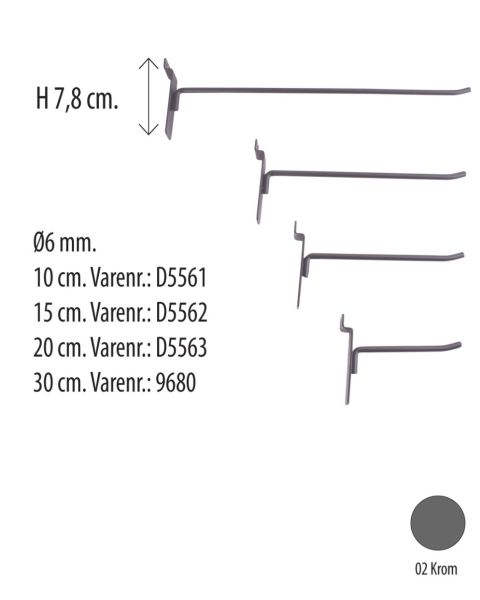 Vörukrókur f/ raufapanil, króm - Pakki með 10 stk. Veldu lengd