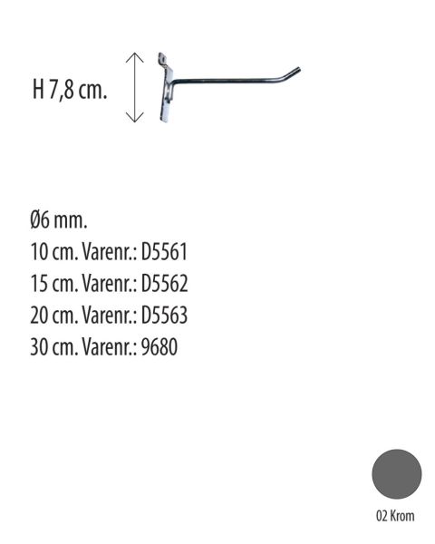 Vörukrókur f/ raufapanil, króm - Pakki með 10 stk. Veldu lengd