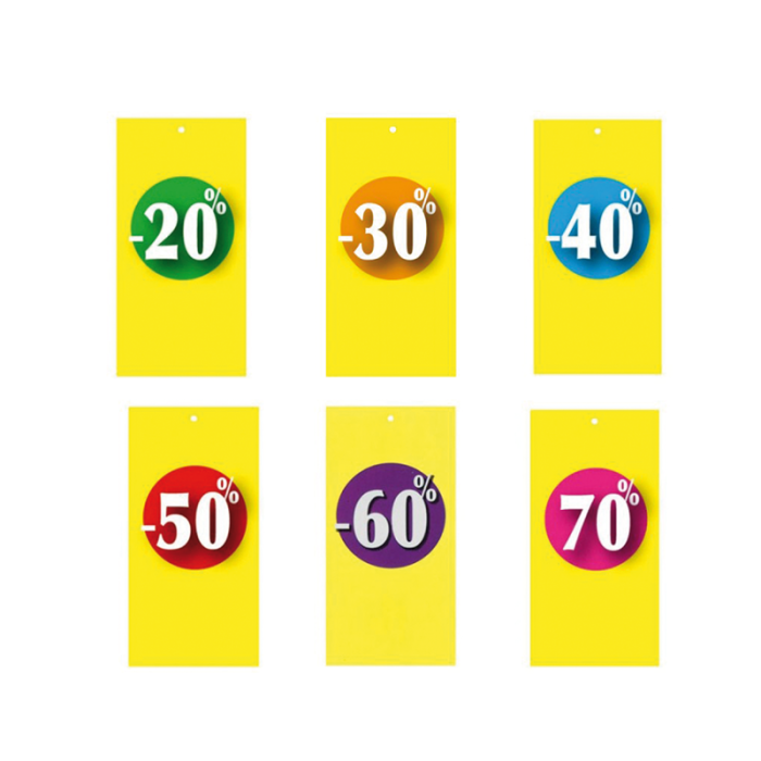 Papskilte med procent t/ pins.

Serie med gul baggrund og procent i farver

Mål:
6 x H 12 cm.
100 stk.

Vælg procent