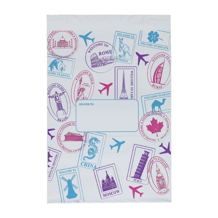 Forsendelsespose med tapeluk, pk. med 50 stk., 45 micron, 40 x 54 cm, hvid m/motiv