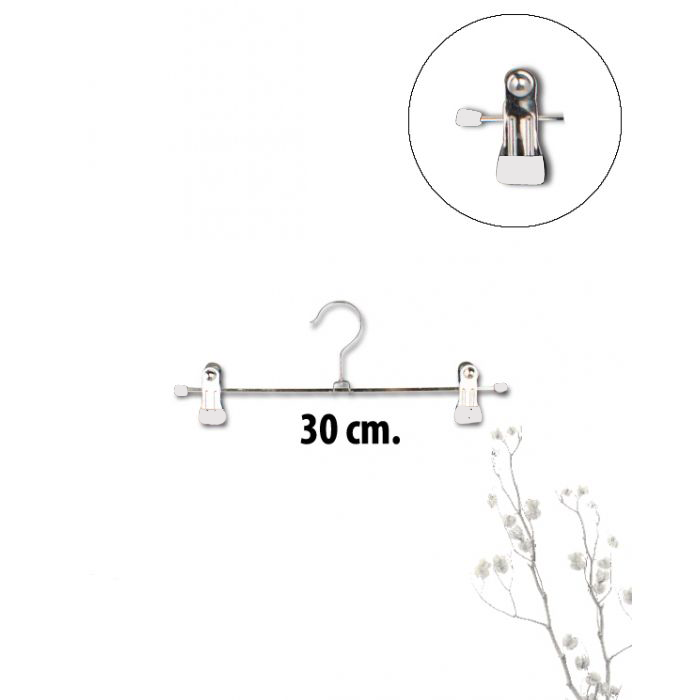 Klemmuherðatré úr málmi (B 30 cm) Hvítt gúmmí. Buxnaherðatré. Lágmarkskaup 300 stk.