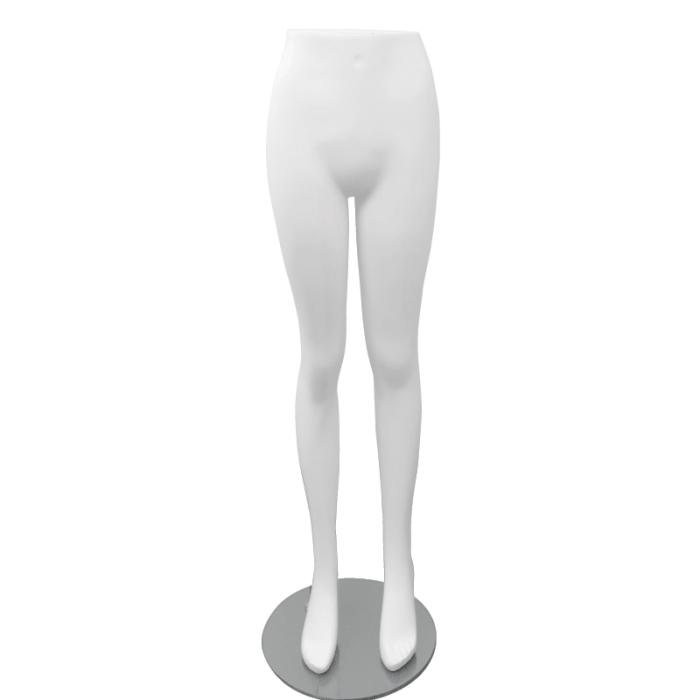 Hvid dame mannequin underdel til display af bukser, nederdele og shorts.

Mannequin underdelen har både fod og lægspyd, så det er muligt at sætte sko på mannequin underdelen.
Mannequin kommer med en fodplade i glas.

Mannequin underdelen har et gevin
