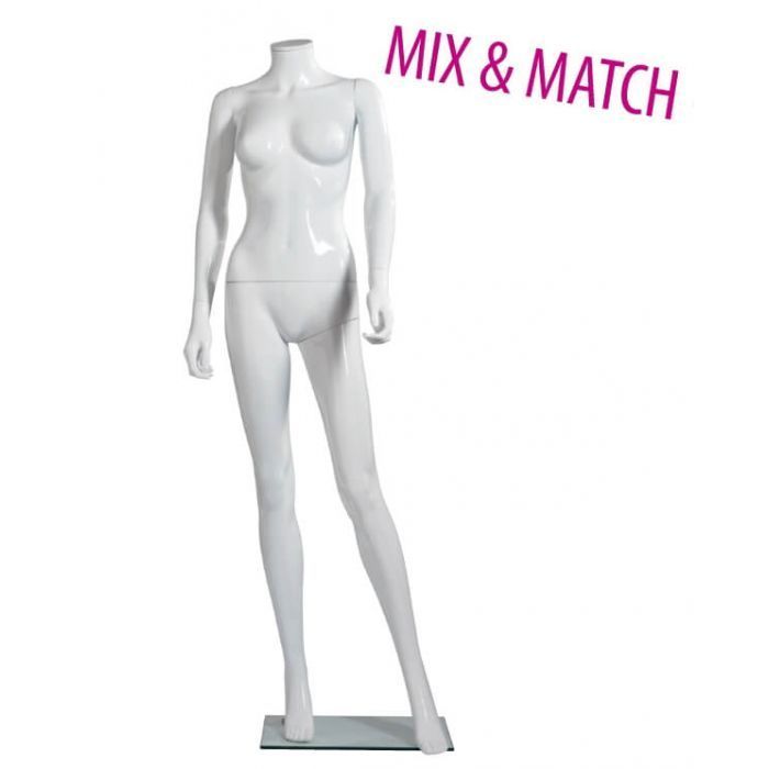 Damemannequin, uden hoved, med firkantet glas fodplade, hvid high gloss. Mix and Match serien)