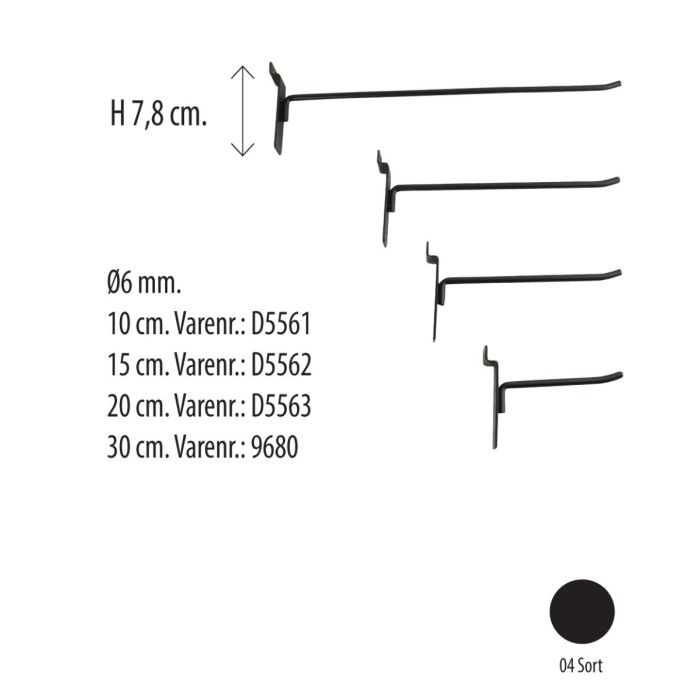 Klassiske varekroge til rillepanel i Sort. - Den gode kvalitet
Vælg mellem 10, 15, 20 og 30 cm. Ø 6 mm.


Pakket med 10 stk. Pr. størrelse
Pris pr. stk. 
Sort

Varekrogene buer opdad for enden, for at sikre at hængende produkter bliver på varekrog