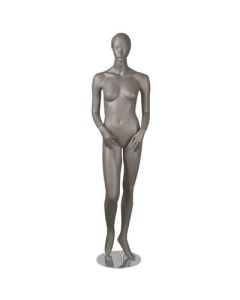 1400 damemannequin. Grå, mat med hoved, ansigt og skulpterede hår. H 178 cm. Hænder foran