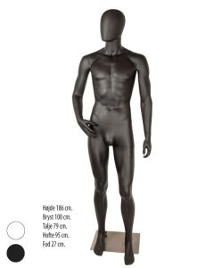 Herremannequin med bøjet arm, hoved uden ansigtstræk H 186 cm og børstet satin metal fodplade. Vælg farve