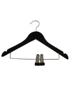 Viðarherðatré junior/barna, gegnheilt, flatt, með gúmmíi og haki, með klemmum, matt svart, 32 cm 