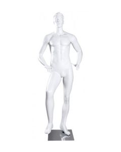 Sport herremannequin, fodboldspiller - hvid. Står - fod på bold