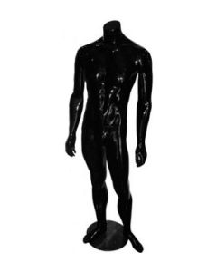 Family herremannequin. Sort high gloss uden hoved. Rund fod i glas. H175 cm. Model B - står ret